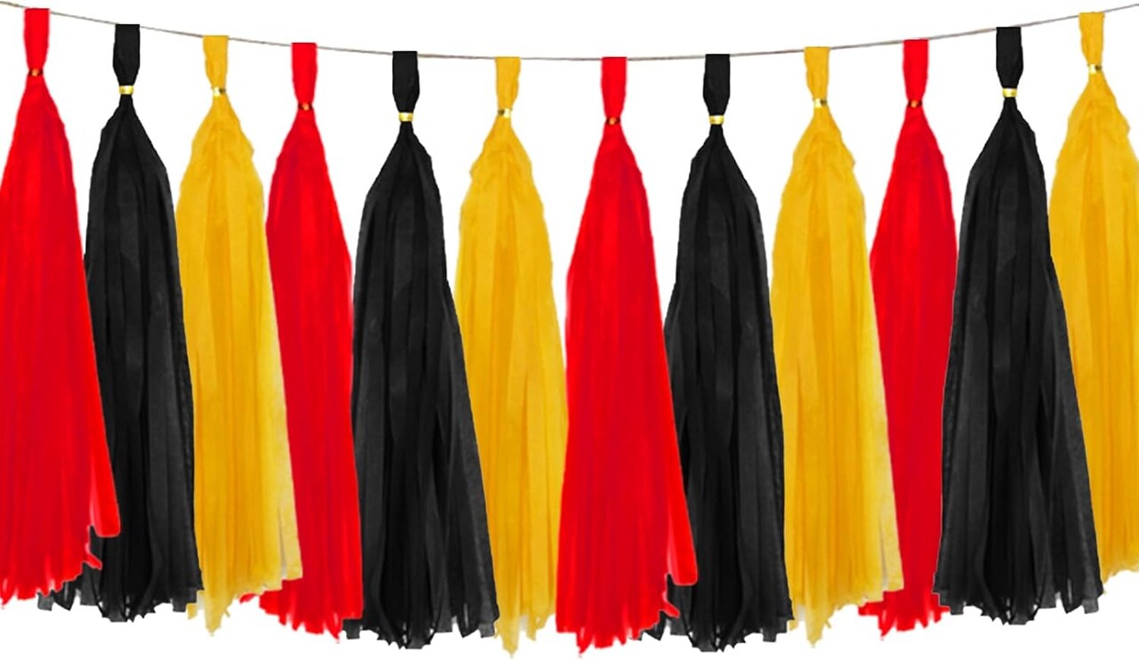 Red and Black and Yellow Tassel Garland Paper Tissue Tassels Garland for Party Decorations, Pack of 15